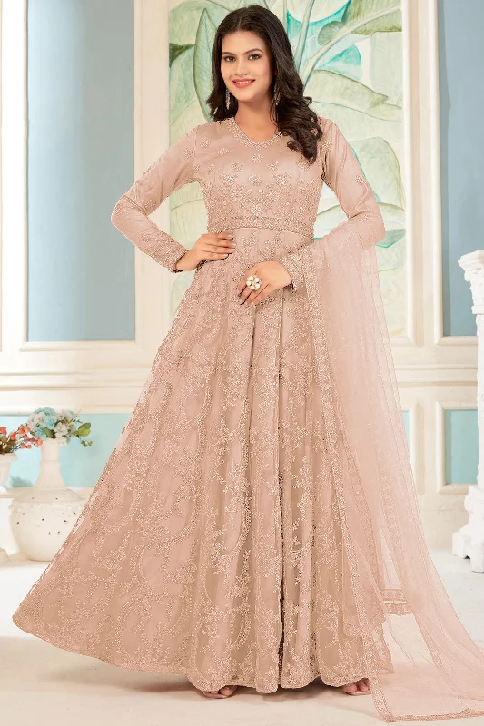 Net Fabric Embroidered Sangeet Wear Anarkali Salwar Kameez In Peach Color Chic unclassified dresses