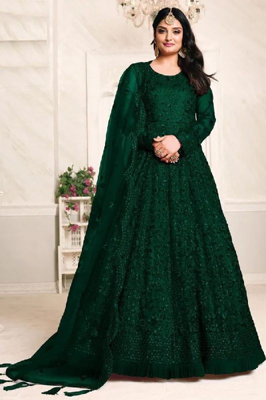 Net Fabric Embroidery Work Festive Wear Trendy Anarkali Suit In Dark Green Color Breathable unclassified dresses