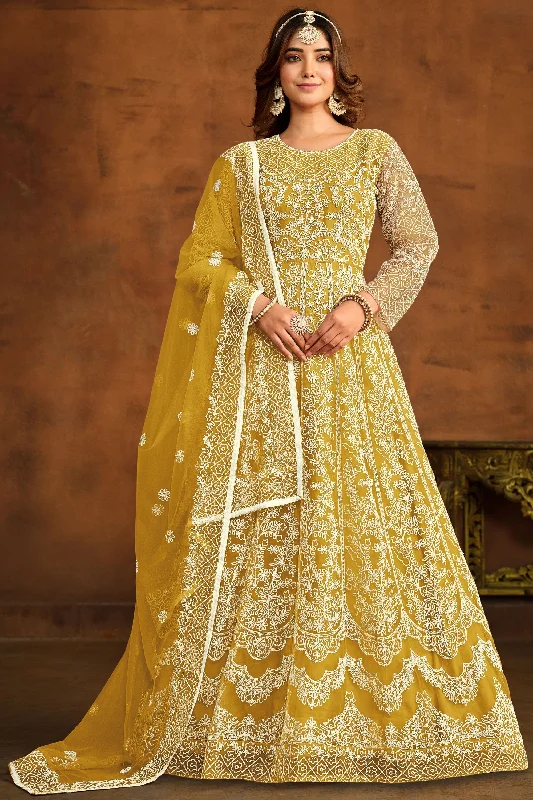 Net Fabric Fancy Embroidered Festive Wear Anarkali Salwar Kameez In Yellow Color High-end unclassified dresses