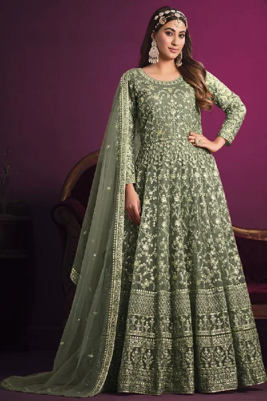 Net Fabric Green Color Embroidered Winsome Anarkali Suit Knitted unclassified dresses