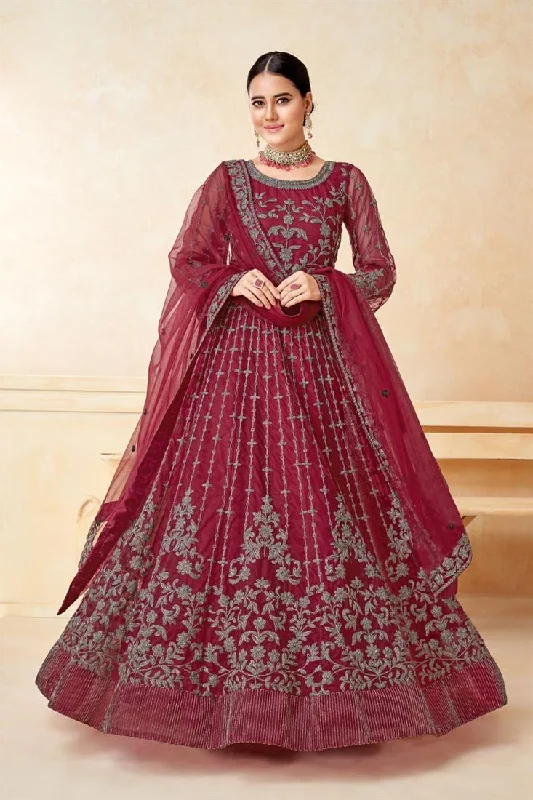 Net Fabric Maroon Color Supreme Sangeet Wear Anarkali Suit Polka dot unclassified dresses