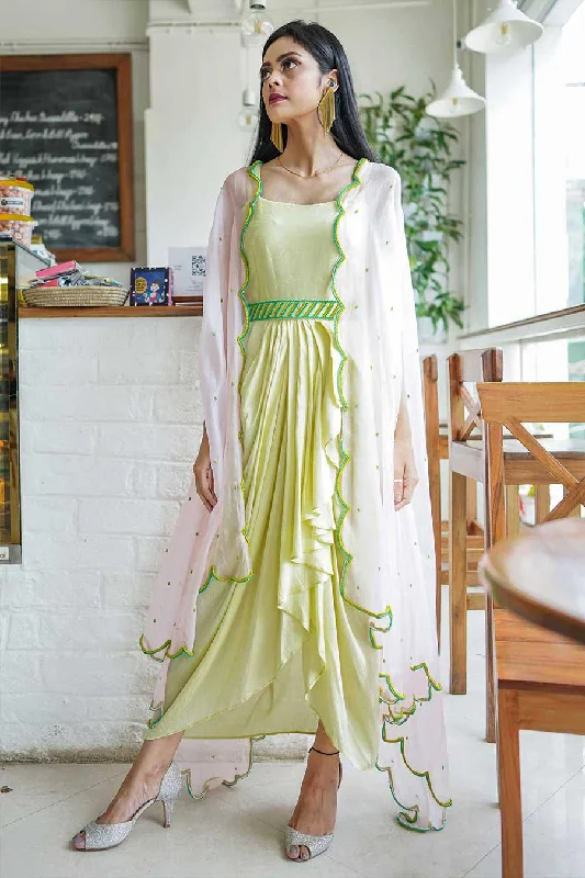 Yellow Silk Drape Dress and Cape Set Tiered unclassified dresses