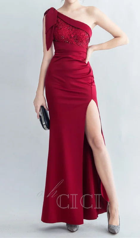 One-Shoulder embroidery High Slit Dress in red Trendy new unclassified dresses