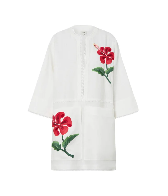 Hibiscus Embroidered Tunic Dress in Antique White Smocked unclassified dresses