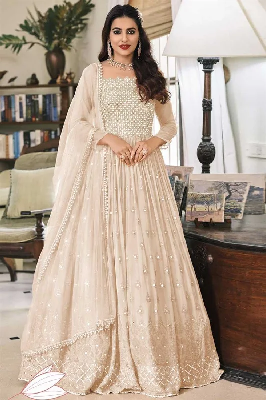 Peach Color Georgette Fabric Sangeet Wear Remarkable Embroidered Work Anarkali Suit With Net Dupatta Holiday unclassified dresses