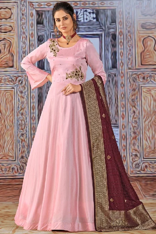 Pink Color Embellished Art Silk Fabric Savvy Suri Anarkali Suit With Contrast Dupatta Party unclassified dresses