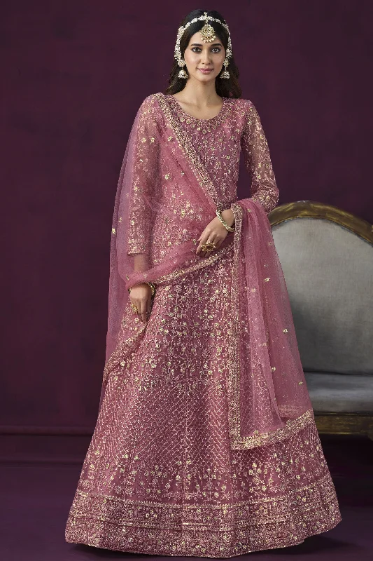 Pink Color Festive Wear Embroidered Fashionable Anarkali Salwar Suit In Net Fabric Open-back unclassified dresses