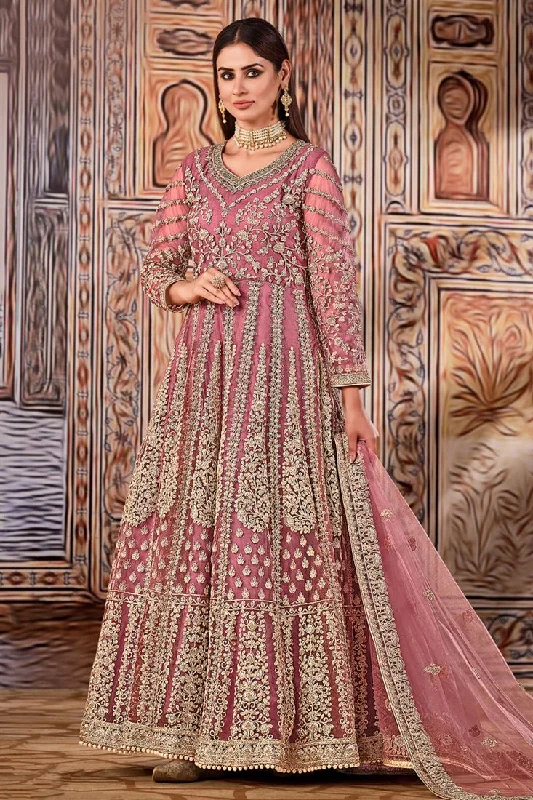 Pink Color Net Fabric Function Wear Embroidered Anarkali Salwar Kameez Striped unclassified dresses