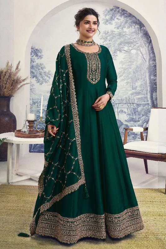 Prachi Desai Art Silk Fabric Dark Green Color Embroidered Winsome Anarkali Suit Open-back unclassified dresses