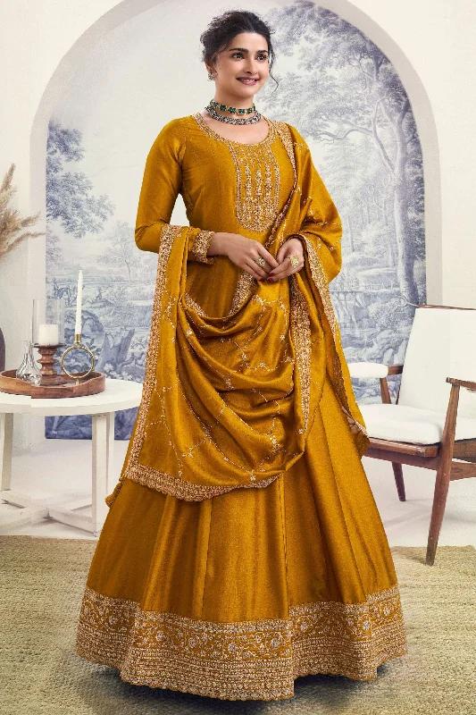 Prachi Desai Classic Mustard Color Embroidered Anarkali Suit In Art Silk Fabric Minimalist unclassified dresses