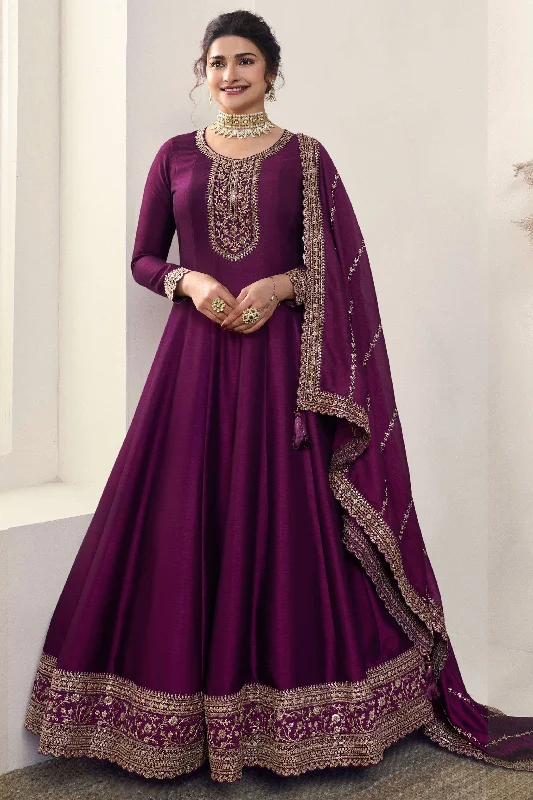 Prachi Desai Creative Embroidered Art Silk Fabric Anarkali Suit In Purple Color Off-shoulder unclassified dresses