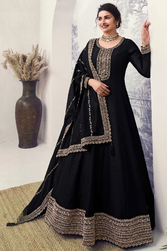 Prachi Desai Engaging Black Color Art Silk Fabric Embroidered Anarkali Suit Gothic unclassified dresses