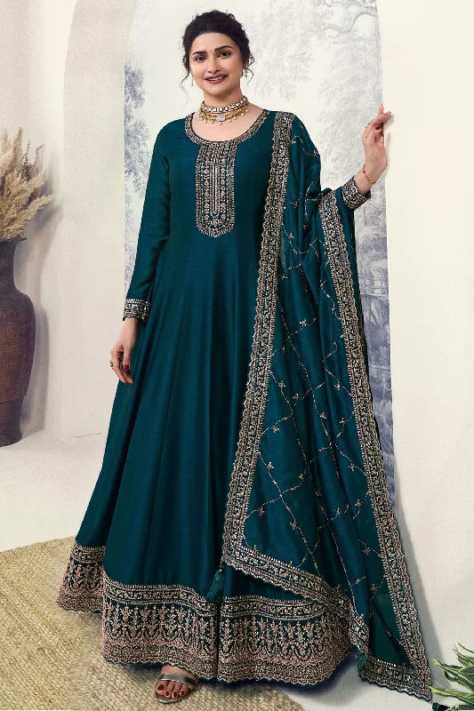 Prachi Desai Incredible Art Silk Fabric Teal Color Embroidered Anarkali Suit Lace unclassified dresses