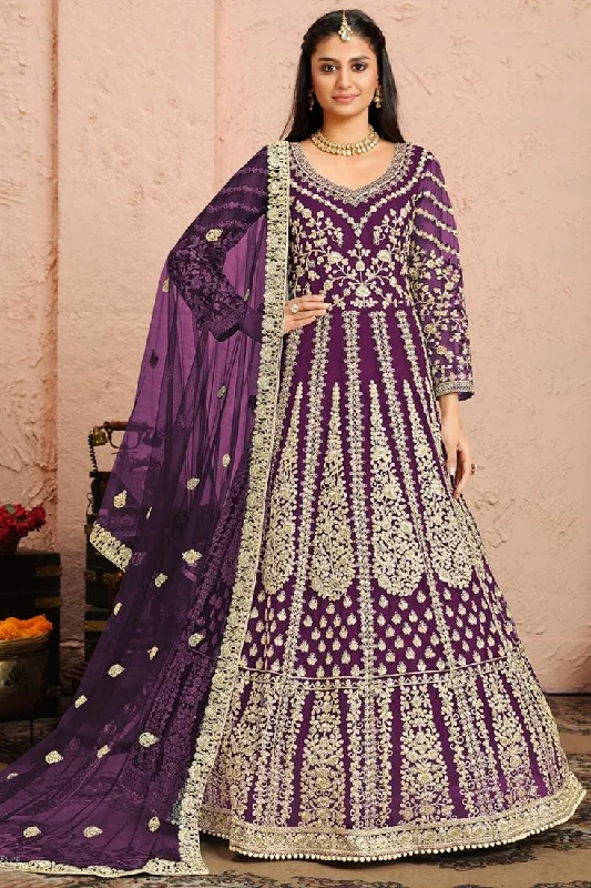 Purple Color Festive Wear Embroidered Net Fabric Designer Anarkali Suit Velvet unclassified dresses