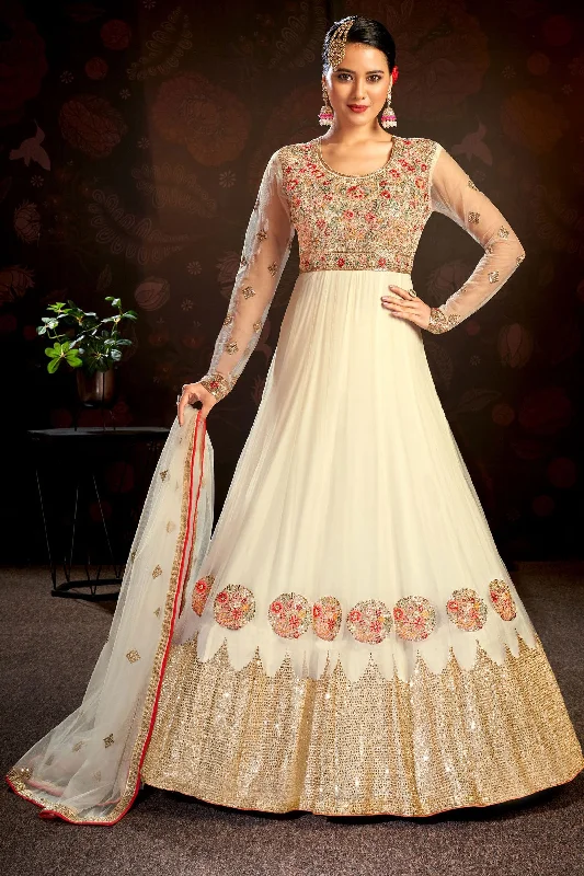 Radiant Off White Color Net Fabric Embroidered Anarkali Suit One-shoulder unclassified dresses