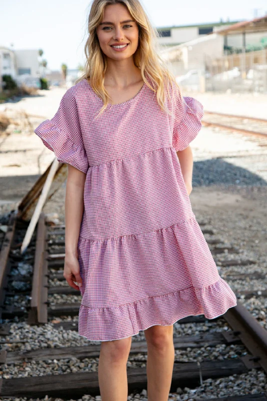 Red Ruffle Tiered Gingham Cotton Pocketed Dress Soft fabric unclassified dresses