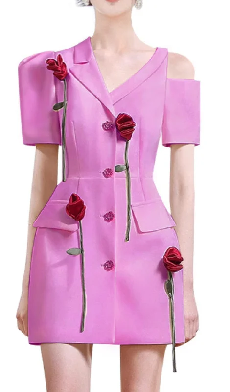 ROSE-EMBELLISHED ASYMMETRIC JACKET DRESS IN PINK Velvet unclassified dresses