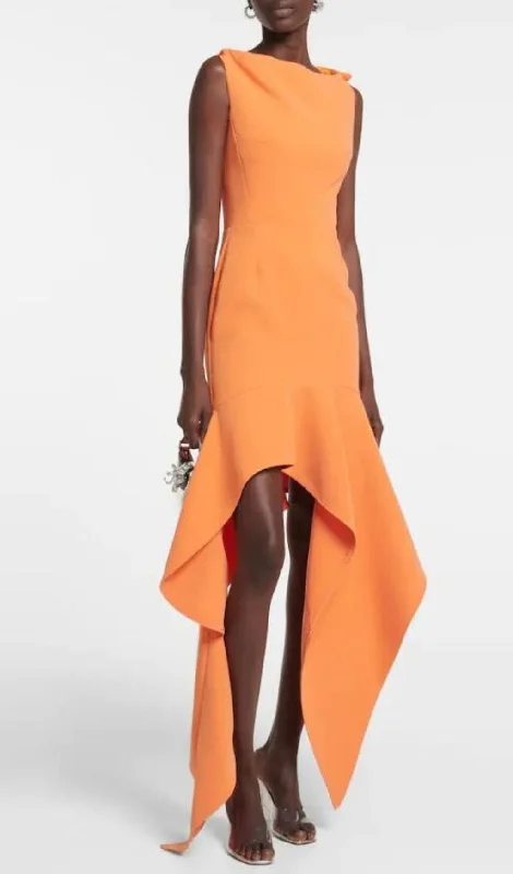 RUFFLED ASYMMETRIC HIGH-LOW DRESS IN ORANGE Satin unclassified dresses