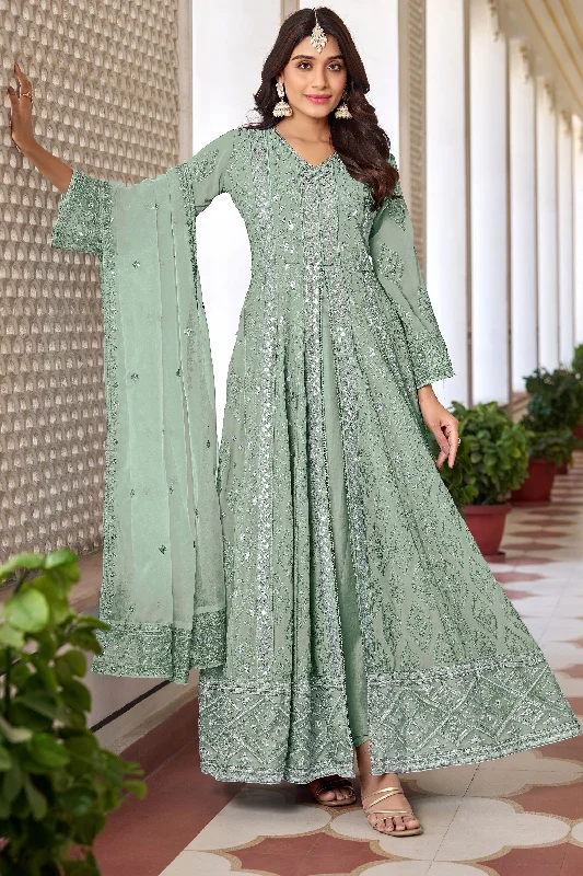 Sea Green Embroidered Georgette A Line Anarkali Suit Wrap unclassified dresses