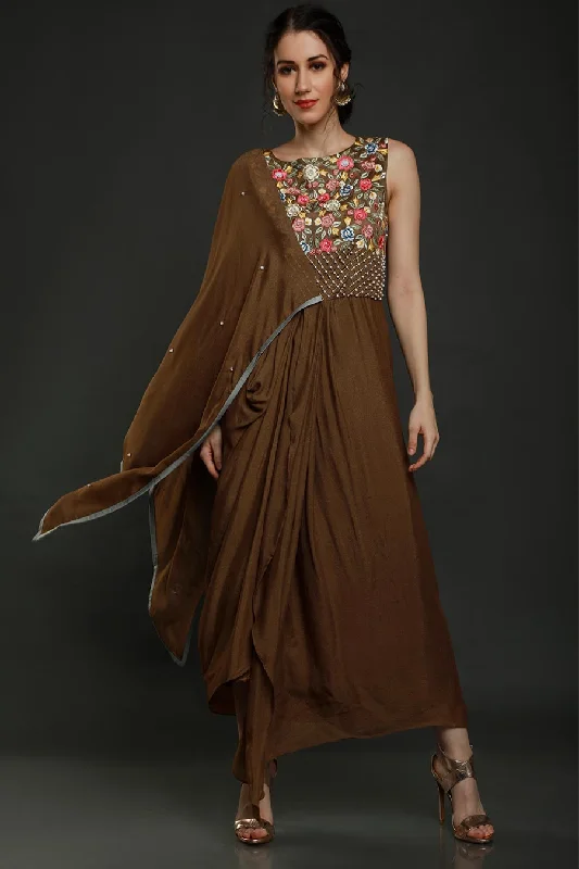 Brown Embroidered Drape Dress Fashionable unclassified dresses