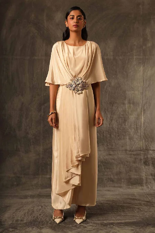 Beige Embroidered Brooch Draped Dress Y2K unclassified dresses