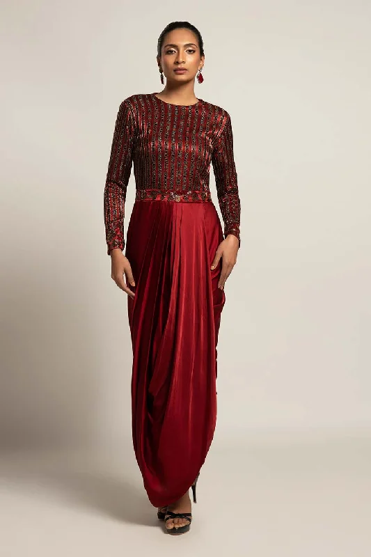 Maroon Foxy Embroidered Draped Dress Office unclassified dresses