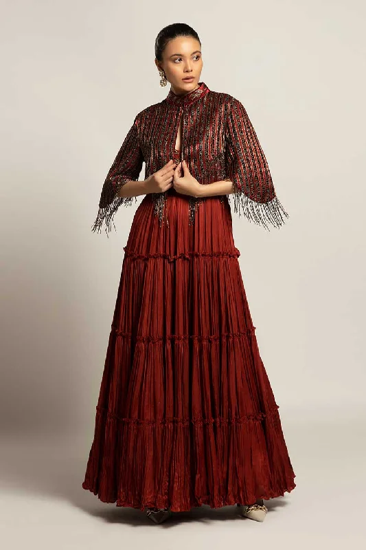 Maroon Bonza Embroidered Tiered Dress & Cape Jacket Set Trendy new unclassified dresses