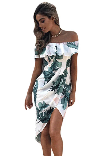 Sexy Tropical Palm Leaf Ruffle Off Shoulder Wrap Boho Dress Backless unclassified dresses