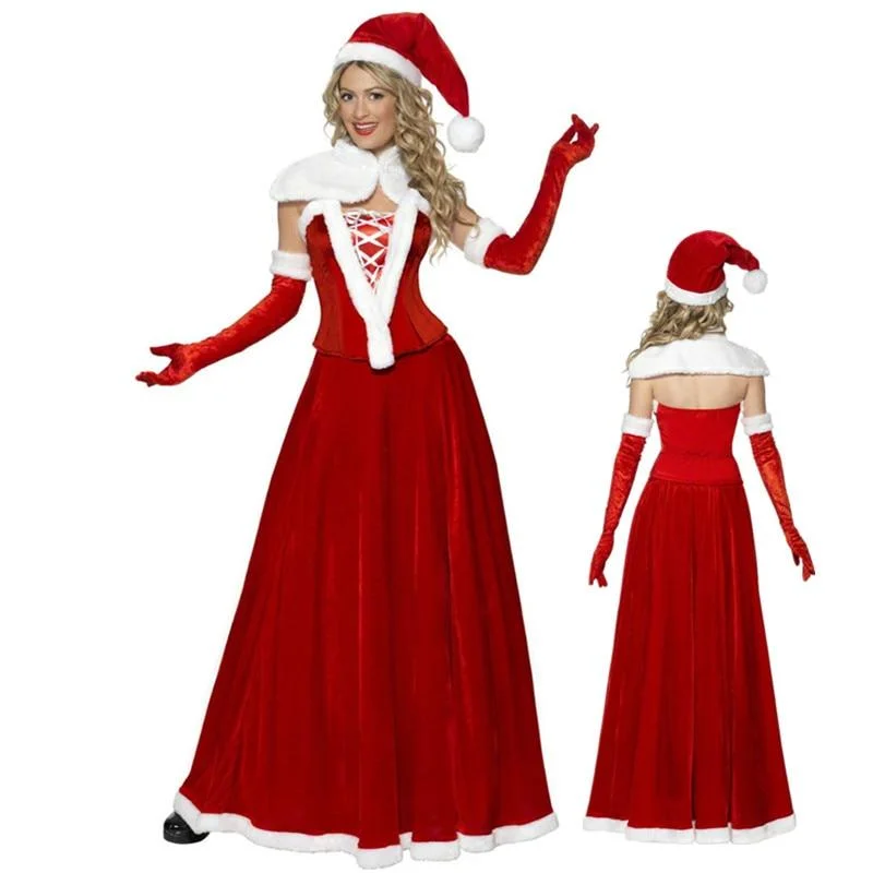 Sexy Women Christmas Costume Adult Mrs Santa Claus Red Velvet Shawls Deep V-neck Dress Female Holiday Cosplay Cotton unclassified dresses