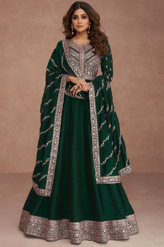 Shamita Shetty Art Silk Fabric Bewitching Anarkali Suit In Dark Green Color Mesh unclassified dresses