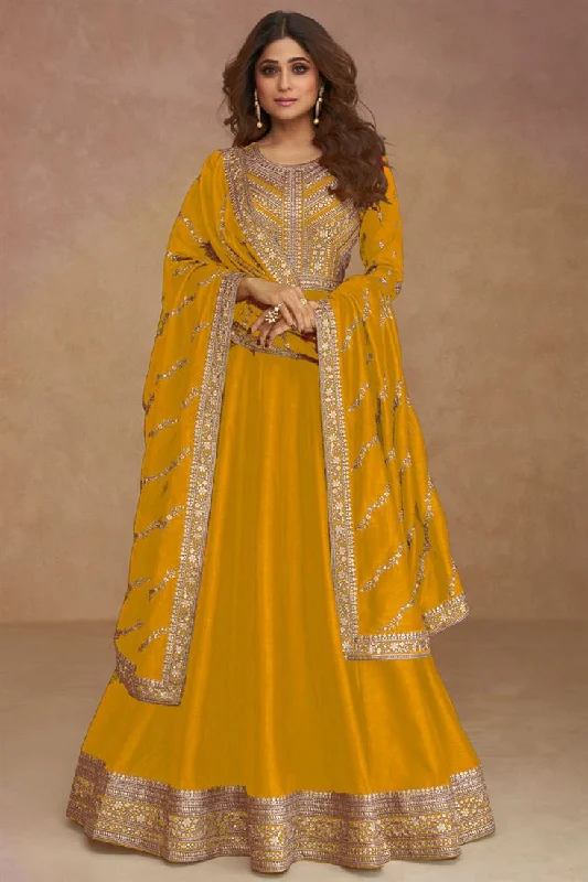 Shamita Shetty Art Silk Fabric Yellow Color Riveting Anarkali Suit Formal unclassified dresses