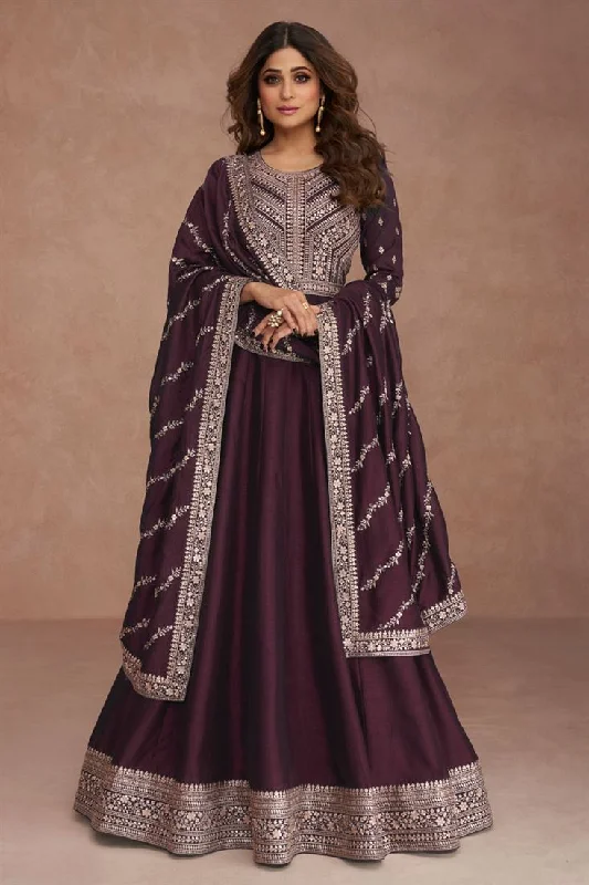 Shamita Shetty Wine Color Art Silk Fabric Coveted Anarkali Suit Velvet unclassified dresses