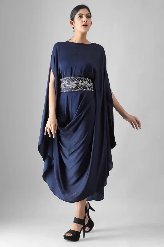 Navy Blue Drape Dress with Embroidered Belt Wrap unclassified dresses