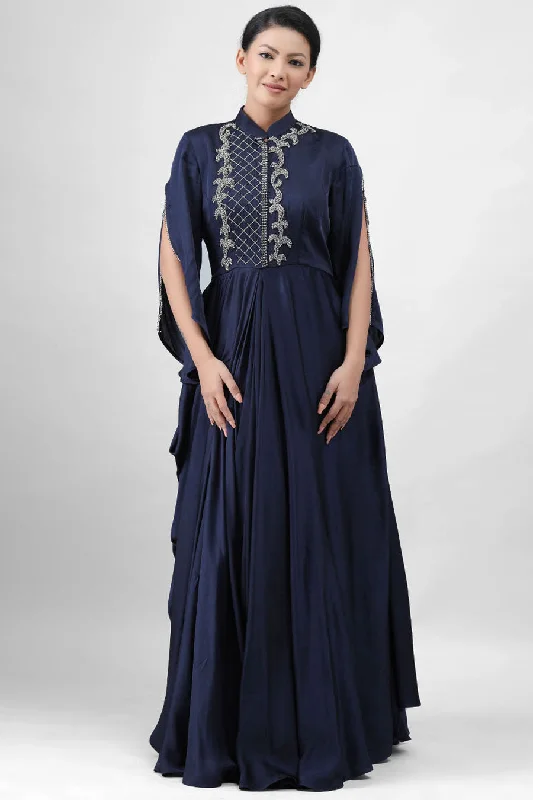 Navy Blue Embroidered Pleated Gown Halter unclassified dresses