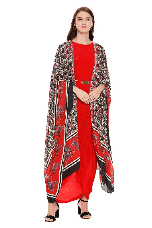 Red Drape Dress & Cape Co-Ord Set Vacation unclassified dresses