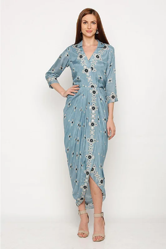 Blue Mirror Embroidered Wrap Drape Dress Elegant unclassified dresses