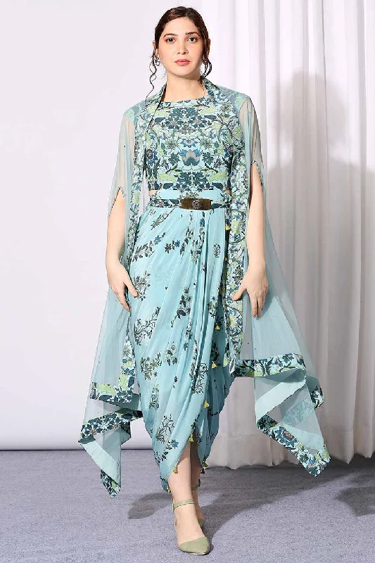 Blue Pastel Bloom Drape Dress & Cape Set Long sleeve unclassified dresses