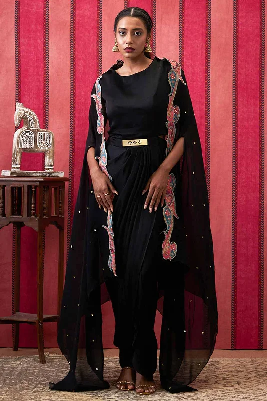 Black Qala Drape Dress with Applique Cape Set Printed unclassified dresses