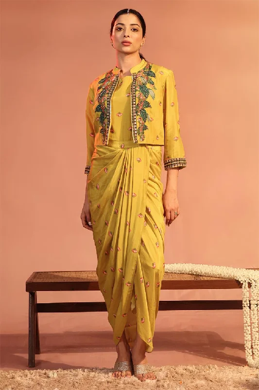 Yellow Tamaya Embroidered Draped Dress With Jacket Budget-friendly unclassified dresses