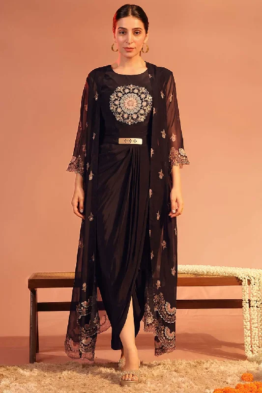 Black Eraya Embellished Drape Dress & Cape Set Casual unclassified dresses