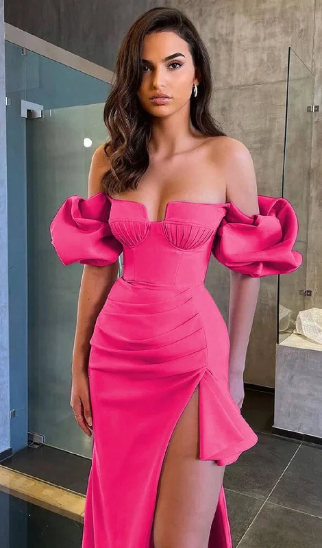 STRAPLESS DRAPED SLEEVE SLITS BANDAGE DRESS IN ROSE RED Festival unclassified dresses