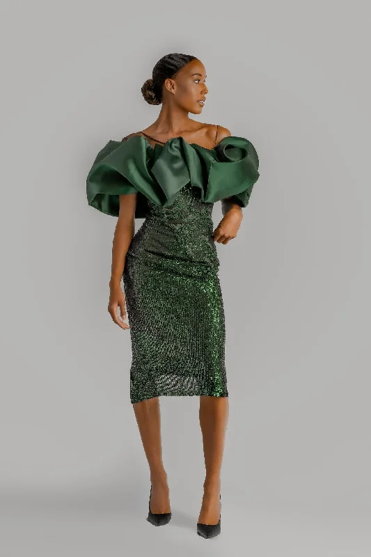 Structured Puffed Off The Shoulder Dress In Green Color block unclassified dresses