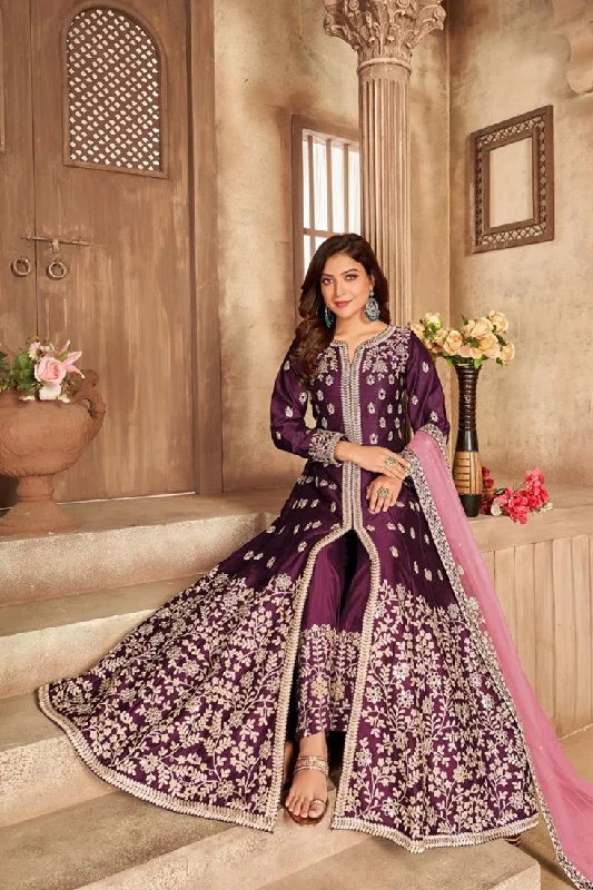 Stunning Purple Embroidered Art Silk Floor Length Anarkali Suit Minimalist unclassified dresses