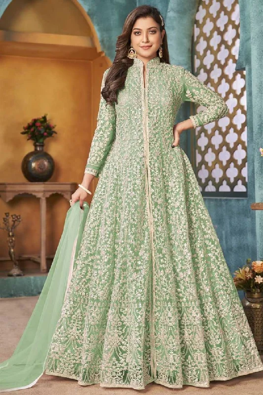 Stunning Sea Green Color Function Wear Embroidered Anarkali Suit In Net Fabric Sleeveless unclassified dresses