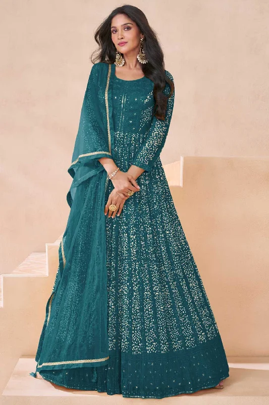 Sushrii Mishraa Function Special Teal Color Georgette Anarkali Suit Sequin unclassified dresses