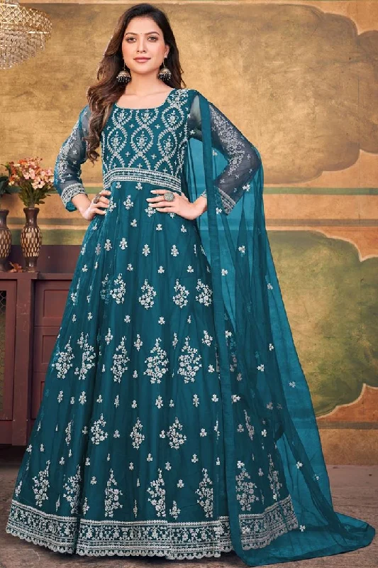 Teal Color Net Fabric Beatific Function Look Anarkali Suit Casual chic unclassified dresses