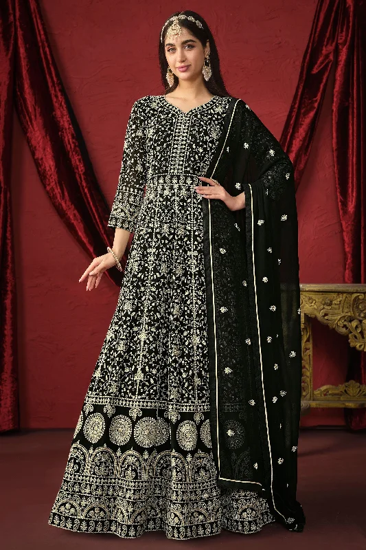 Tempting Georgette Fabric Black Color Embroidered Anarkali Suit Denim unclassified dresses