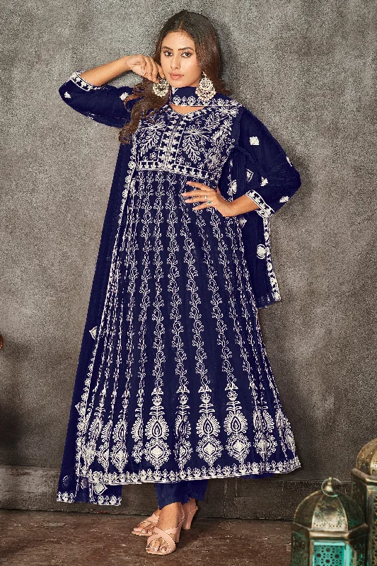 Tempting Net Fabric Blue Color Embroidered Anarkali Suit Ruffled unclassified dresses