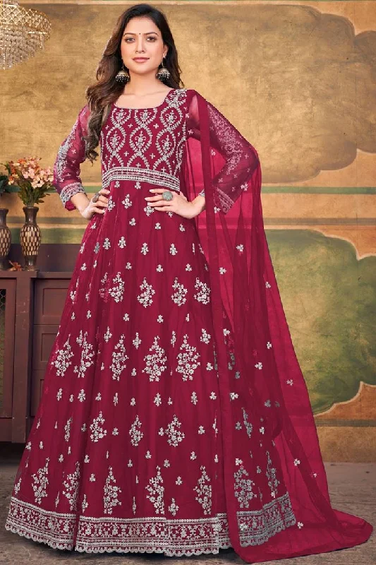 Tempting Net Fabric Maroon Color Function Look Anarkali Suit Backless unclassified dresses