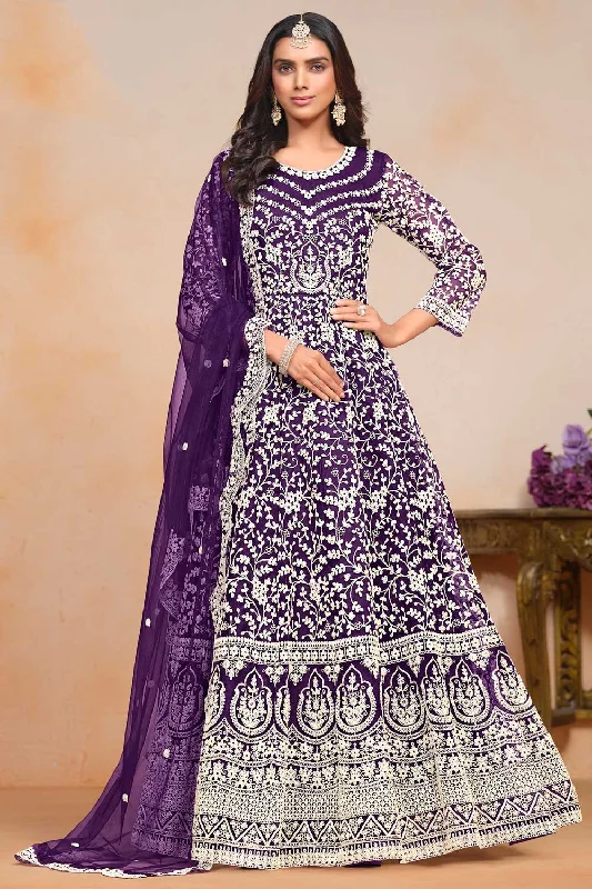 Tempting Net Fabric Purple Color Embroidered Anarkali Suit Date night unclassified dresses